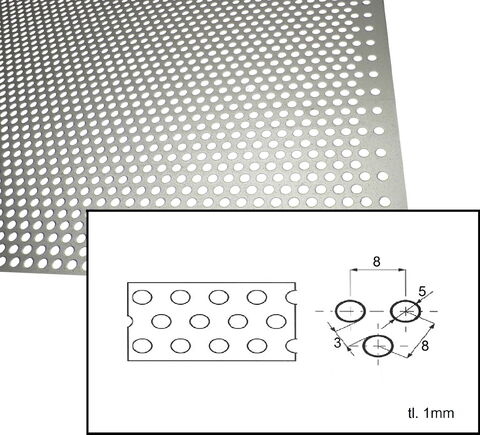 Obrázek produktu Plech děrovaný 1 mm kruhový otvor 5 mm předsazená rozteč 8 mm (1x2m)